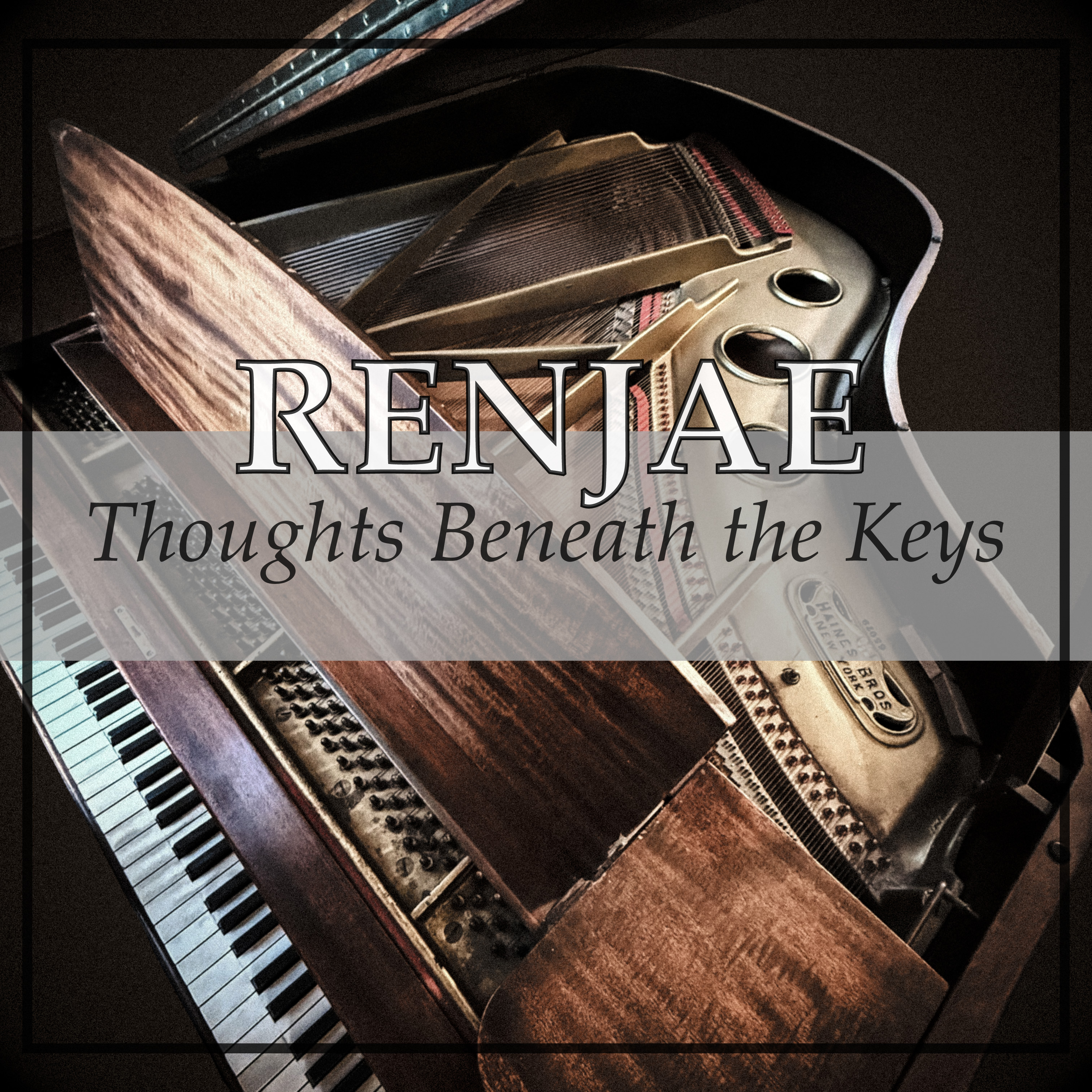 Thoughts Beneath the Keys album cover featuring Renjae's name over a collage of grand pianos
